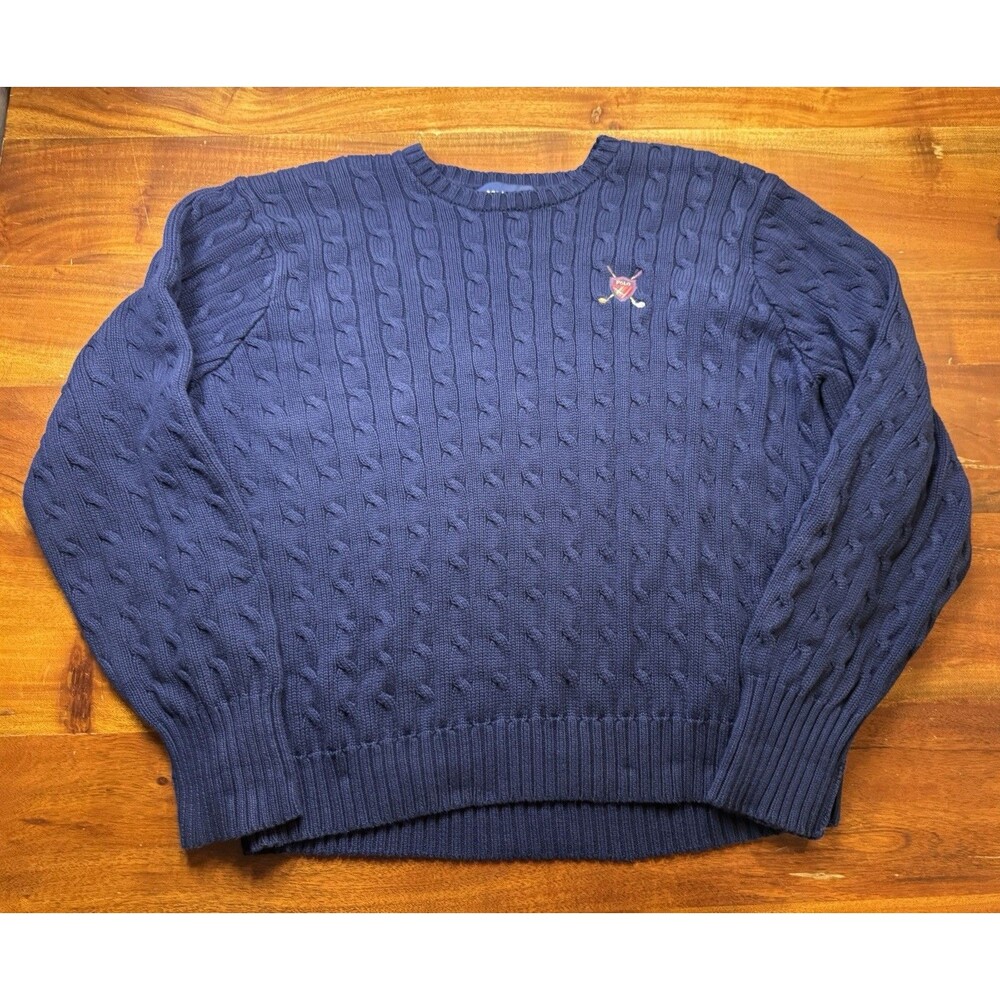 VTG Polo Golf Ralph Lauren Cable Knit Sweater XXL Blue Cotton Crest Preppy
